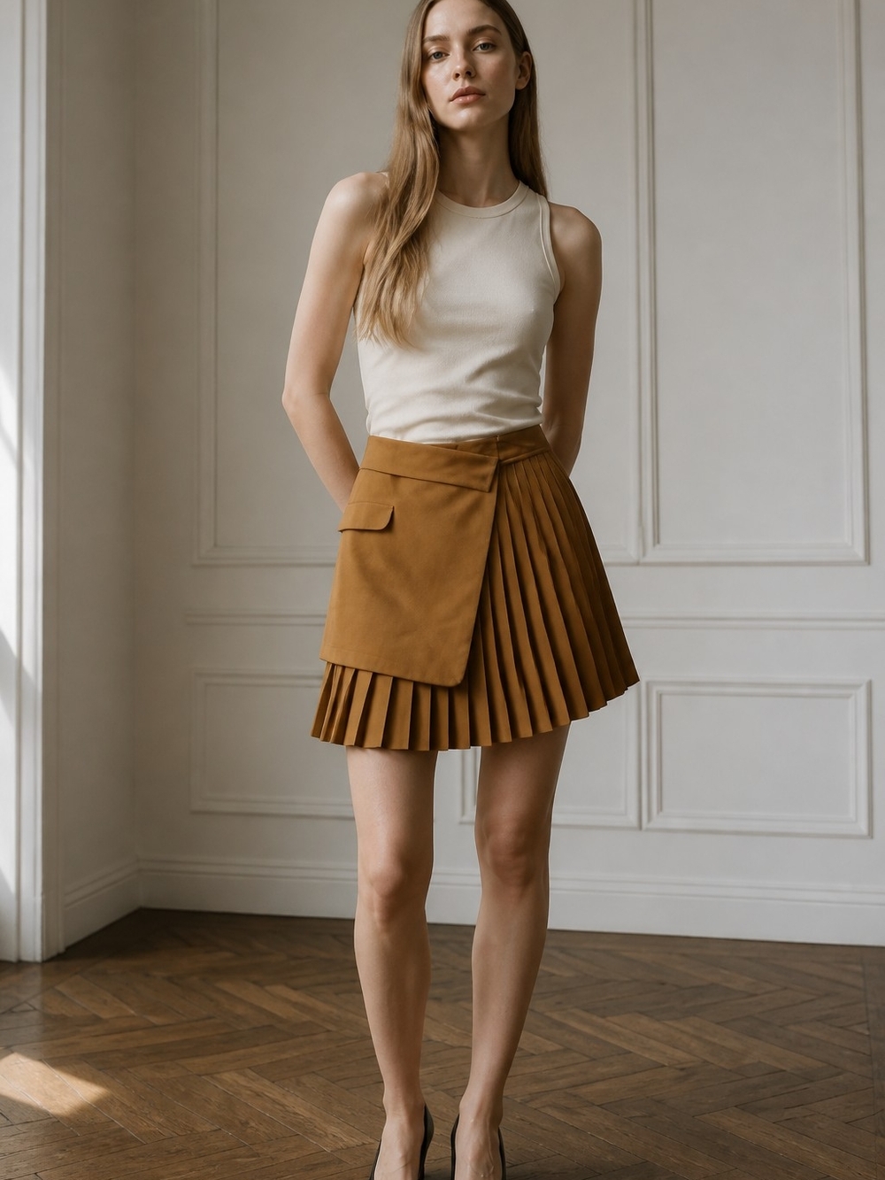 ADEAM Rich Spiced Camel Brown Pleated Wrap Mini Skirt $1050 Retail